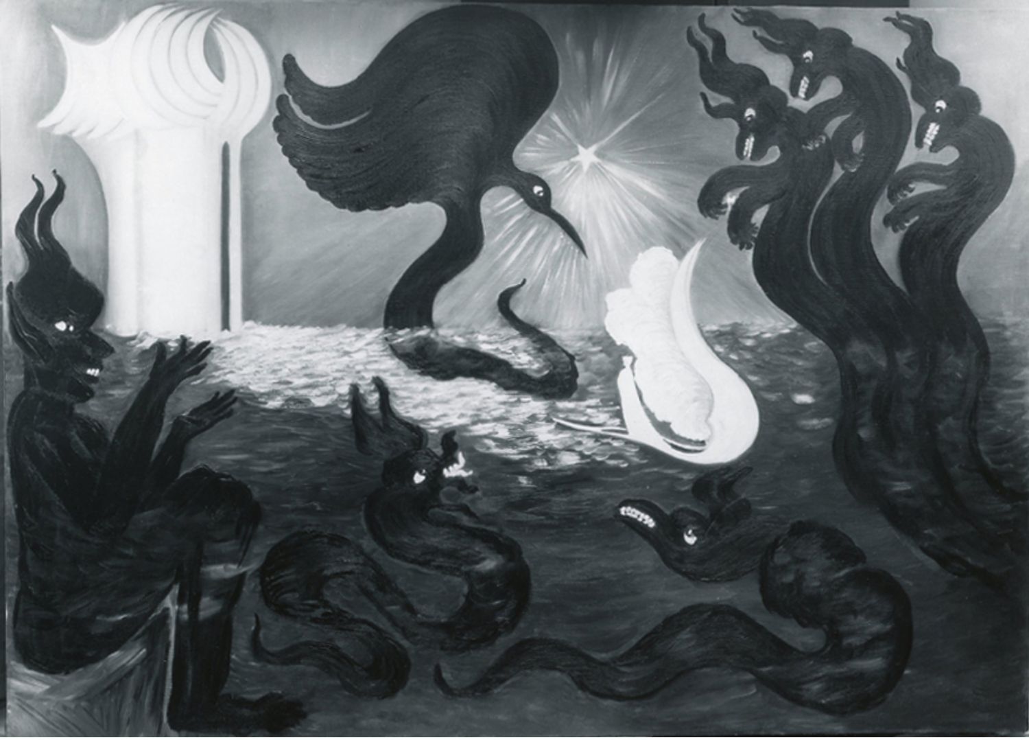 Black and white oil painting of black monsters rising from the ocean and a white boat emerging in the middle